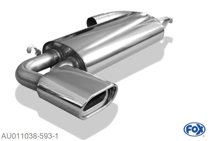 AU011038-593, Audi 80/90 Typ 89 quattro 1.8l 66/81/82/83kW 1.9l 83kW 2.0l 82/83/85/101/118kW 2.2l 88/100kW 2.3l 98/123/125kW 2.2l S2 162/169kW 2.6l 110kW 2.8l 128kW, Einddemper quer - 135x80mm  Type 53 Geheel RVS, Absortie demper, mooie diepe sound, Met E-keur