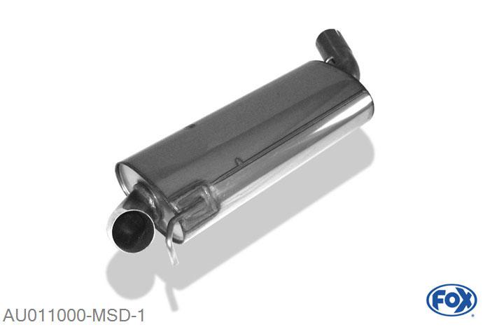 AU011000-MSD, Audi 80/90 - Typ 89, B3, B4 - Limousine/ Coupe/ Cabrio 1.6l 51/55kW 1.8l 65/66/82/85/103kW 2.0l 82/83/85/103kW 2.0l 16V 101/103kW 2.3l 98/100/123kW 2.6l 110kW 2.8l 128kW 1.6l D 40kW 1.6l TD 59kW 1.9l TD 50/66kW, Middendemper 63,5mm Buisdiameter Geheel RVS, Absortie demper, mooie diepe sound, Met E-keur