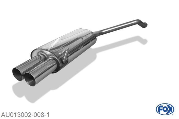 AU013002-008, Audi 80 Typ B4 Limousine & Avant 1.6l 52/74kW 2.0l 66/85kW 1.9l D 55/66kW, Einddemper dubbele buis - 2x76mm  Type 10 50mm Buisdiameter Geheel RVS, Absortie demper, mooie diepe sound, Met E-keur