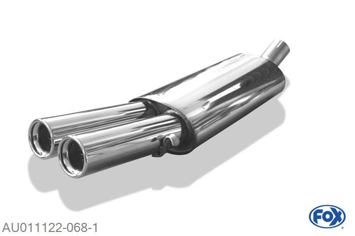 AU011122-068, Audi 80 B4 - Cabrio 1.8l 92kW 2.0l 85kW 2.0l 16V 103kW 2.3l 98kW 2.6l 110kW 2.8l 128kW 1.9l TD 66kW, Einddemper op Serie Halter zijdelings - 2x76mm  Type 13 63,5mm Buisdiameter Geheel RVS, Absortie demper, mooie diepe sound, Met E-keur