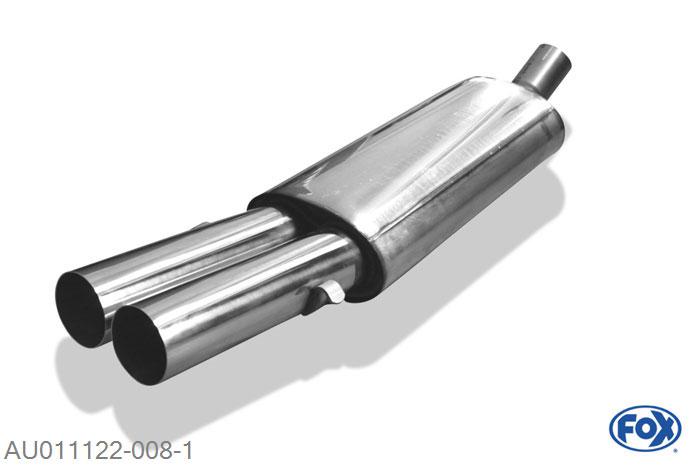 AU011122-008, Audi 80 B4 - Cabrio 1.8l 92kW 2.0l 85kW 2.0l 16V 103kW 2.3l 98kW 2.6l 110kW 2.8l 128kW 1.9l TD 66kW, Einddemper op Serie Halter zijdelings - 2x76mm  Type 10 63,5mm Buisdiameter Geheel RVS, Absortie demper, mooie diepe sound, Met E-keur