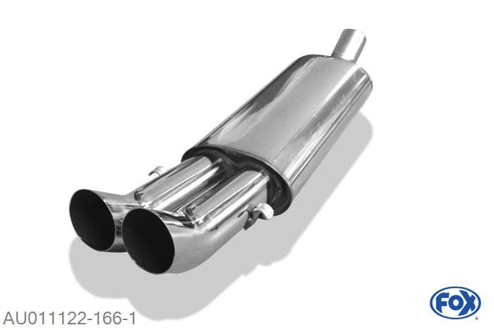 AU011122-166, Audi 80 B4 - Cabrio 1.8l 92kW 2.0l 85kW 2.0l 16V 103kW 2.3l 98kW 2.6l 110kW 2.8l 128kW 1.9l TD 66kW, Einddemper op Serie Halter zijdelings - 2x76mm  Type 18 63,5mm Buisdiameter Geheel RVS, Absortie demper, mooie diepe sound, Met E-keur