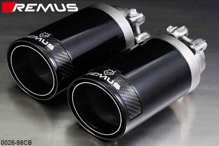 0026 98CB, Abarth 500 Abarth, type 312, Year 2013- , 1.4l 132 kW (312A3000) (without homologation), Remus Tail pipe set L/R consisting of 2 tail pipes round 98 mm Street Race Black Chrome, with adjustable spherical clamp connection