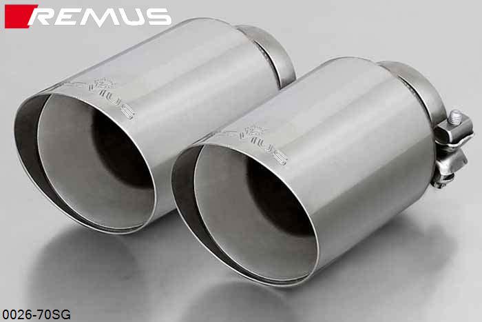 0026 70SG, Abarth 500 Abarth, type 312, Year 2007- , 1.4l 99 kW, Remus Tail pipe set L/R consisting of 2 tail pipes round 102 mm angled, straight cut, chromed, with adjustable spherical clamp connection