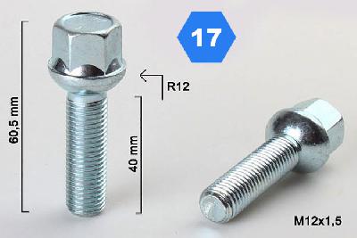 M12x1,5, Radius 12, Wielbout radius, Draadlengte 40mm, SW 17