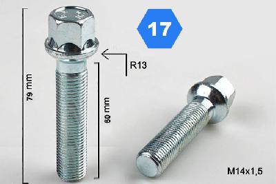 M14x1,5, Radius 13, Wielbout radius, Draadlengte 60mm, SW 17, o.a.VW/Audi