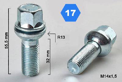 M14x1,5, Radius 13, Wielbout radius, Draadlengte 32mm, SW 17, o.a.VW/Audi
