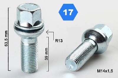 M14x1,5, Radius 13, Wielbout radius, Draadlengte 39mm, SW 17, o.a.VW/Audi