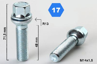 M14x1,5, Radius 13, Wielbout radius, Draadlengte 48mm, SW 17, o.a.VW/Audi
