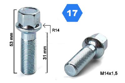 M14x1,5, Radius 14, Wielbout radius, Draadlengte 30mm, SW 17, o.a. Mercedes