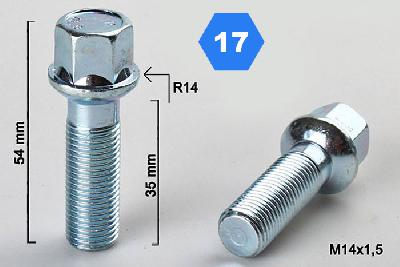 M14x1,5, Radius 14, Wielbout radius, Draadlengte 35mm, SW 17, o.a. Mercedes
