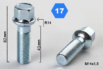 M14x1,5, Radius 14, Wielbout radius, Draadlengte 43mm, SW 17, o.a. Mercedes