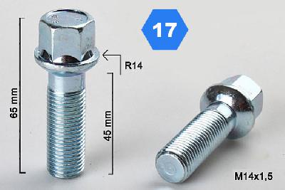 M14x1,5, Radius 14, Wielbout radius, Draadlengte 45mm, SW 17, o.a. Mercedes