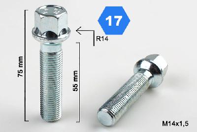 M14x1,5, Radius 14, Wielbout radius, Draadlengte 55mm, SW 17, o.a. Mercedes