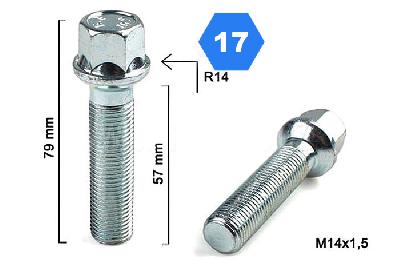 M14x1,5, Radius 14, Wielbout radius, Draadlengte 57mm, SW 17, o.a. Mercedes