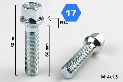 M14x1,5, Radius 14, Wielbout radius, Draadlengte 60mm, SW 17, o.a. Mercedes