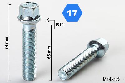 M14x1,5, Radius 14, Wielbout radius, Draadlengte 65mm, SW 17, o.a. Mercedes