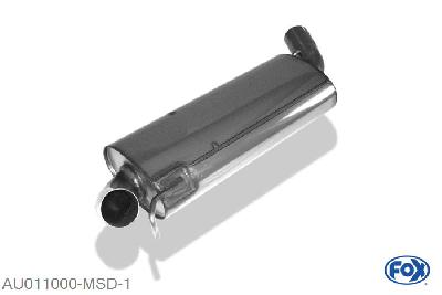 AU011000-MSD, Audi 80/90 - Typ 89, B3, B4 - Limousine/ Coupe/ Cabrio 1.6l 51/55kW 1.8l 65/66/82/85/103kW 2.0l 82/83/85/103kW 2.0l 16V 101/103kW 2.3l 98/100/123kW 2.6l 110kW 2.8l 128kW 1.6l D 40kW 1.6l TD 59kW 1.9l TD 50/66kW, Middendemper 63,5mm Buisdiameter Geheel RVS, Absortie demper, mooie diepe sound, Met E-keur