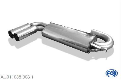 AU011038-008, Audi 80/90 Typ 89 quattro 1.8l 66/81/82/83kW 1.9l 83kW 2.0l 82/83/85/101/118kW 2.2l 88/100kW 2.3l 98/123/125kW 2.2l S2 162/169kW 2.6l 110kW 2.8l 128kW, Einddemper quer - 2x76mm  Type 10 63,5mm Buisdiameter Geheel RVS, Absortie demper, mooie diepe sound, Met E-keur
