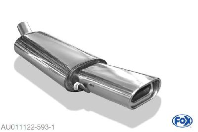 AU011122-593, Audi 80 B4 - Cabrio 1.8l 92kW 2.0l 85kW 2.0l 16V 103kW 2.3l 98kW 2.6l 110kW 2.8l 128kW 1.9l TD 66kW, Einddemper op Serie Halter zijdelings - 135x80mm  Type 53 63,5mm Buisdiameter Geheel RVS, Absortie demper, mooie diepe sound, Met E-keur