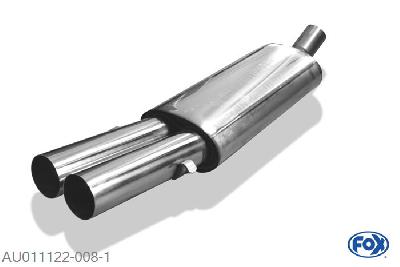 AU011122-008, Audi 80 B4 - Cabrio 1.8l 92kW 2.0l 85kW 2.0l 16V 103kW 2.3l 98kW 2.6l 110kW 2.8l 128kW 1.9l TD 66kW, Einddemper op Serie Halter zijdelings - 2x76mm  Type 10 63,5mm Buisdiameter Geheel RVS, Absortie demper, mooie diepe sound, Met E-keur