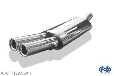 AU011122-068, Audi 80 B4 - Cabrio 1.8l 92kW 2.0l 85kW 2.0l 16V 103kW 2.3l 98kW 2.6l 110kW 2.8l 128kW 1.9l TD 66kW, Einddemper op Serie Halter zijdelings - 2x76mm  Type 13 63,5mm Buisdiameter Geheel RVS, Absortie demper, mooie diepe sound, Met E-keur