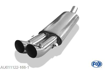 AU011122-166, Audi 80 B4 - Cabrio 1.8l 92kW 2.0l 85kW 2.0l 16V 103kW 2.3l 98kW 2.6l 110kW 2.8l 128kW 1.9l TD 66kW, Einddemper op Serie Halter zijdelings - 2x76mm  Type 18 63,5mm Buisdiameter Geheel RVS, Absortie demper, mooie diepe sound, Met E-keur