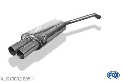 AU013002-008, Audi 80 Typ B4 Limousine & Avant 1.6l 52/74kW 2.0l 66/85kW 1.9l D 55/66kW, Einddemper dubbele buis - 2x76mm  Type 10 50mm Buisdiameter Geheel RVS, Absortie demper, mooie diepe sound, Met E-keur