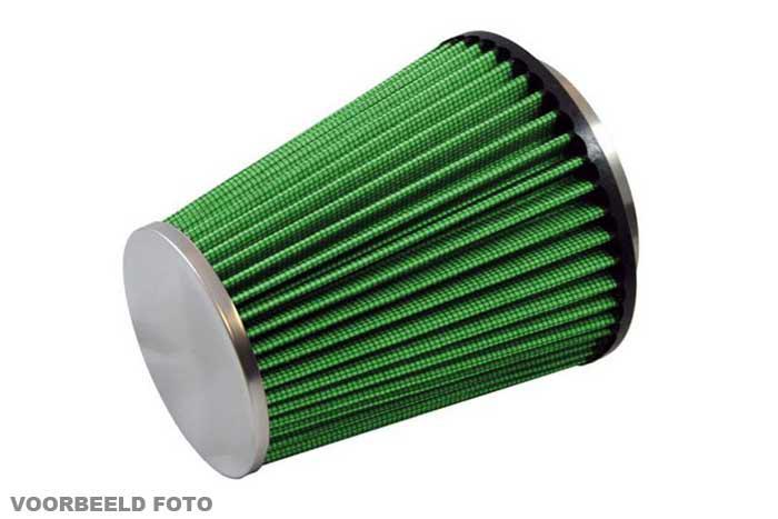 70mm aansluitdiameter, GRK5.70, Green Luchtfilter universeel, Conisch single cone, Lengte filter 140mm, Buitendiameter onder 120mm, Buitendiameter kap 100mm, Chroom kap, centraal