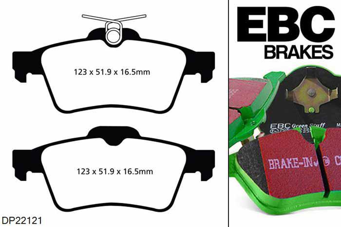 DP22121, Peugeot 508 RXH, 2.0 TD hybrid 200 PK 2012-, EBC Greenstuff remblokken set achteras, Voor modellen met ATE remklauwen aan de achteras, Voor modellen met remschijf diameter van 290mm aan de achteras