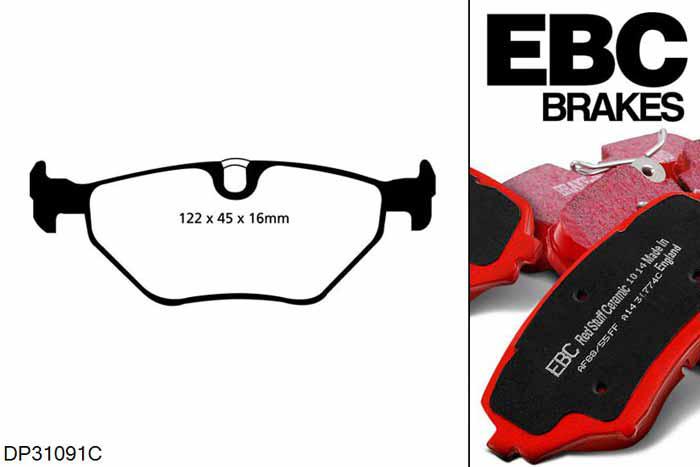 DP31091C, BMW 5 Series (E39), 523 i (2.5) Saloon 1998-2003, EBC Redstuff remblokken set achteras, Voor modellen met ATE remklauwen aan de achteras, Voor modellen met remschijf diameter van 298mm aan de achteras