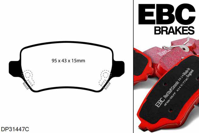 DP31447C, Opel Astra GTC (H), 1.3 TD 90 PK 2005-2010, EBC Redstuff remblokken set achteras, Voor modellen met Girling/TRW remklauwen aan de achteras, Voor modellen met remschijf diameter van 240mm aan de achteras