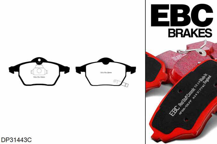 DP31443C, Saab 9-mei, 2.2 TD 120 PK 2002-2006, EBC Redstuff remblokken set vooras, Voor modellen met ATE remklauwen aan de vooras, Voor modellen met een remschijf diameter 308mm