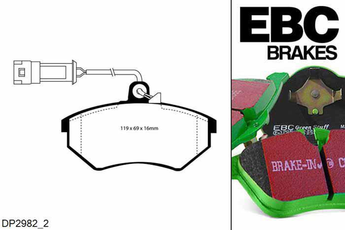 DP2982/2, VW Golf Mk2, 1.8 GTi 16v 140 PK 1989-1992, EBC Greenstuff remblokken set vooras, Voor modellen met Girling/TRW remklauwen aan de vooras, Voor modellen met een remschijf diameter 256mm