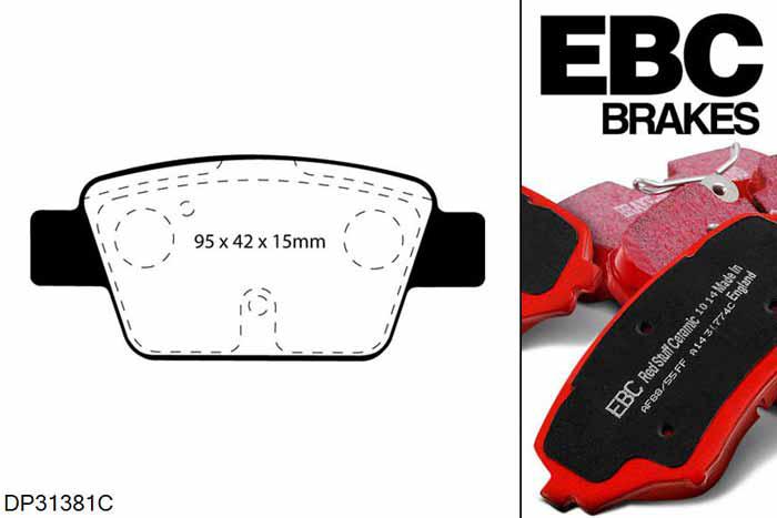 DP31381C, Fiat Stilo, 1.9 TD 100 PK 2005-2007, EBC Redstuff remblokken set achteras, Voor modellen met Bosch remklauwen aan de achteras, Voor modellen met remschijf diameter van 251mm aan de achteras