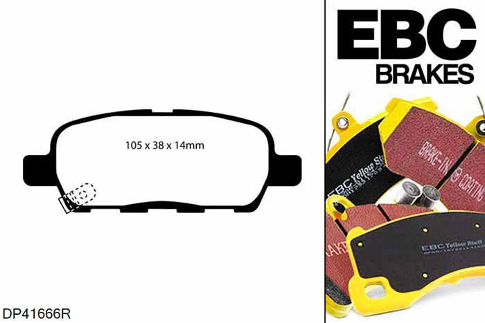 DP41666R, Nissan X-Trail, 2.0 X-Trail, EBC Yellowstuff remblokken set achteras Voor modellen met Akebono remklauwen aan de achteras, Voor modellen met remschijf diameter van 292mm aan de achteras