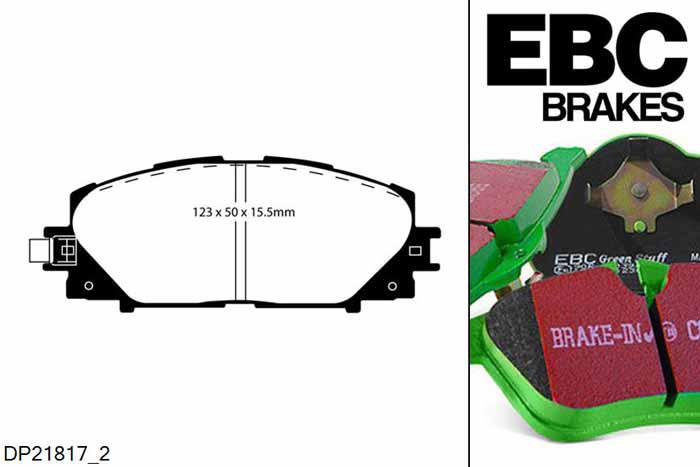 DP21817/2, Toyota Prius, 1.8 hybrid (ZVW30) 2009-, EBC Greenstuff remblokken set vooras, Voor modellen met Akebono remklauwen aan de vooras, Voor modellen met een remschijf diameter 255mm