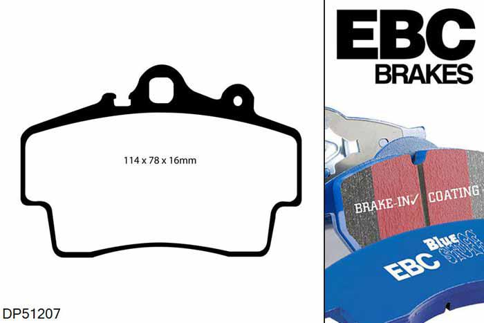 DP51207NDX, Porsche Boxster (Cast Iron Discs only), 2.5 1997-1999, EBC Bluestuff remblokken set vooras, Voor modellen met Brembo remklauwen aan de vooras, Voor modellen met een remschijf diameter 298mm