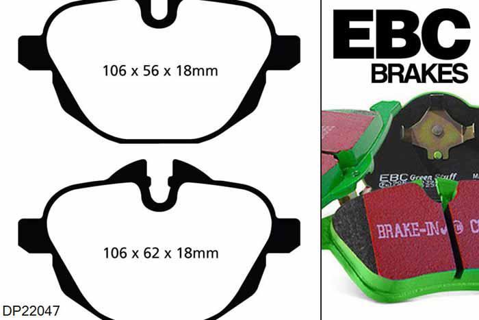 DP22047, BMW 5 Series (F10), 525 d (3.0 TD) 2010-2017, EBC Greenstuff remblokken set achteras, Voor modellen met TRW remklauwen aan de achteras, Voor modellen met remschijf diameter van 330mm aan de achteras