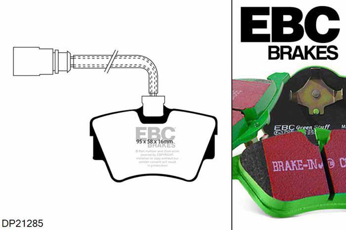 DP21285, VW Transporter (Kombi)/Camper Van, 2.8 (T4) 2000-2003, EBC Greenstuff remblokken set achteras, Voor modellen met Girling/TRW remklauwen aan de achteras, Voor modellen met remschijf diameter van 294mm aan de achteras