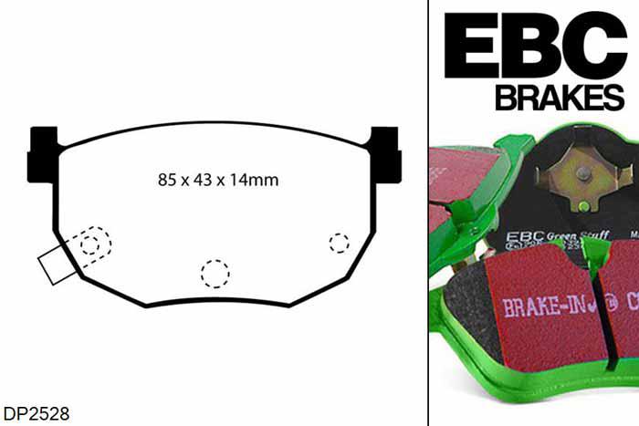 DP2528, Hyundai Coupe, 2.0 1996-1999, EBC Greenstuff remblokken set achteras, Voor modellen met Sumitomo remklauwen aan de achteras, Voor modellen met remschijf diameter van 258mm aan de achteras
