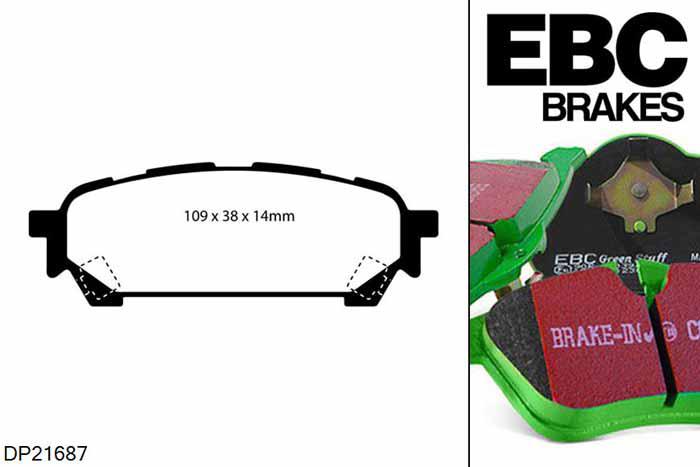 DP21687, Subaru Impreza, 2.0 R 2005-2008, EBC Greenstuff remblokken set achteras, Voor modellen met remschijf diameter van 266mm aan de achteras