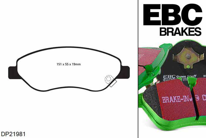 DP21981, Opel Corsa, 1.4 Turbo 120 PK 2012-2014, EBC Greenstuff remblokken set vooras, Voor modellen met Bosch remklauwen aan de vooras, Voor modellen met een remschijf diameter 278mm