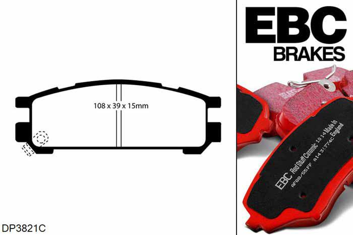 DP3821C, Subaru Impreza, 1.8 (ABS) 1993-1997, EBC Redstuff remblokken set achteras, Voor modellen met remschijf diameter van 266mm aan de achteras