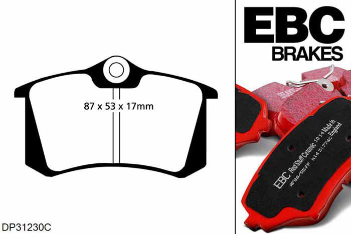 DP31230C, Audi A6 quattro (C5/4B), 3.0 (Front 8 Pad Set) 220 PK 2001-2004, EBC Redstuff remblokken set achteras, Voor modellen met Girling/TRW remklauwen aan de achteras, Voor modellen met remschijf diameter van 255mm aan de achteras