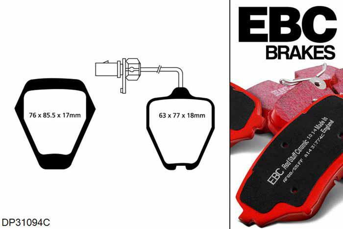 DP31094C, Audi A6 quattro (C5/4B), 2.7 Twin Turbo (Front 8 Pad Set) 1997-1999, EBC Redstuff remblokken set vooras, Voor modellen met Girling/TRW remklauwen aan de vooras, Voor modellen met een remschijf diameter 321mm