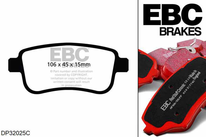 DP32025C, Renault Megane MK3 Coupe, 2.0 Turbo RS 250 PK 2009-2016, EBC Redstuff remblokken set achteras, Voor modellen met Bosch remklauwen aan de achteras, Voor modellen met remschijf diameter van 290mm aan de achteras