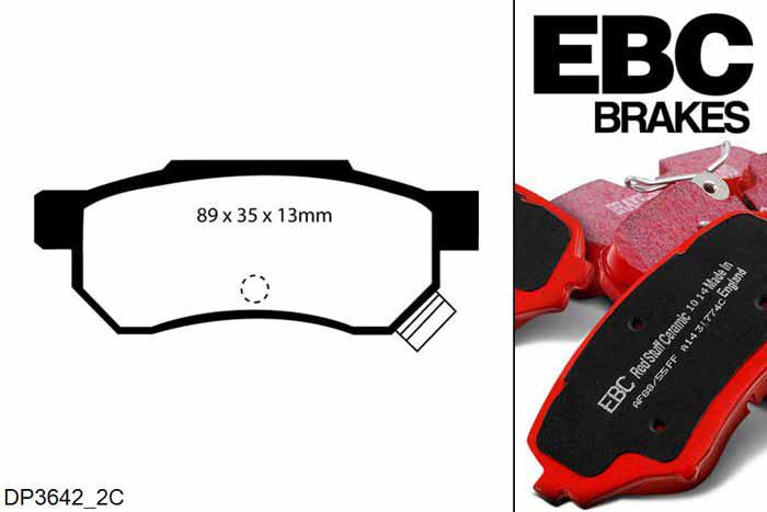 DP3642/2C, Honda Civic CRX, 1.6 (ED9) 1987-1991, EBC Redstuff remblokken set achteras, Voor modellen met Akebono remklauwen aan de achteras, Voor modellen met remschijf diameter van 239mm aan de achteras