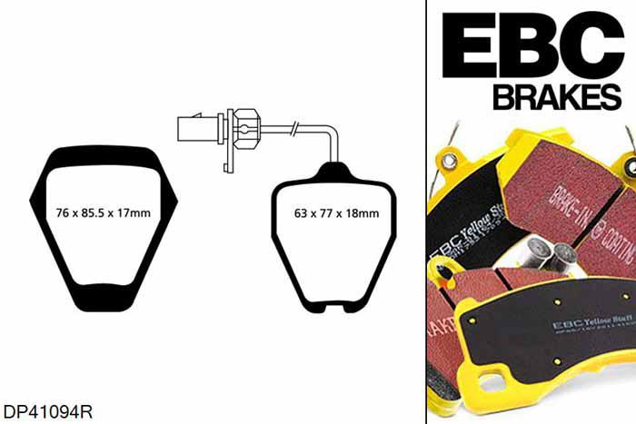 DP41094R, Audi A6 quattro (C5/4B), 2.7 Twin Turbo (Front 8 Pad Set) 1997-1999, EBC Yellowstuff remblokken set vooras, Voor modellen met Girling/TRW remklauwen aan de vooras, Voor modellen met een remschijf diameter 321mm
