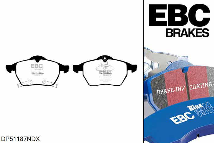 DP51187NDX, Saab 9-mei, 2.3 Turbo Aero 230 PK 1999-2001, EBC Bluestuff remblokken set vooras, Voor modellen met ATE remklauwen aan de vooras, Voor modellen met een remschijf diameter 308mm